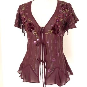 DKNY, 100% silk,  Dark red chiffon top, Size 6